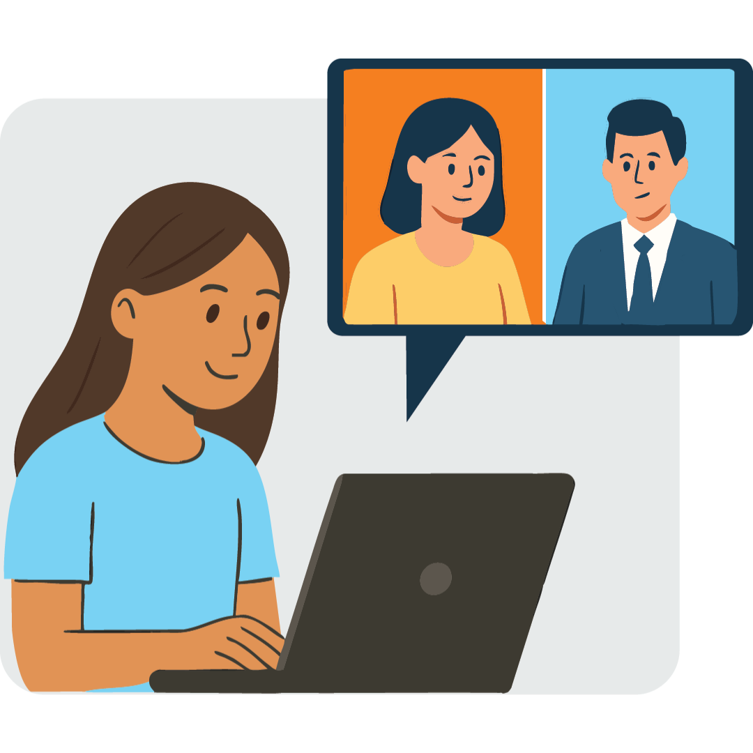 Ilustración de una persona revisando documentos en una computadora portátil.